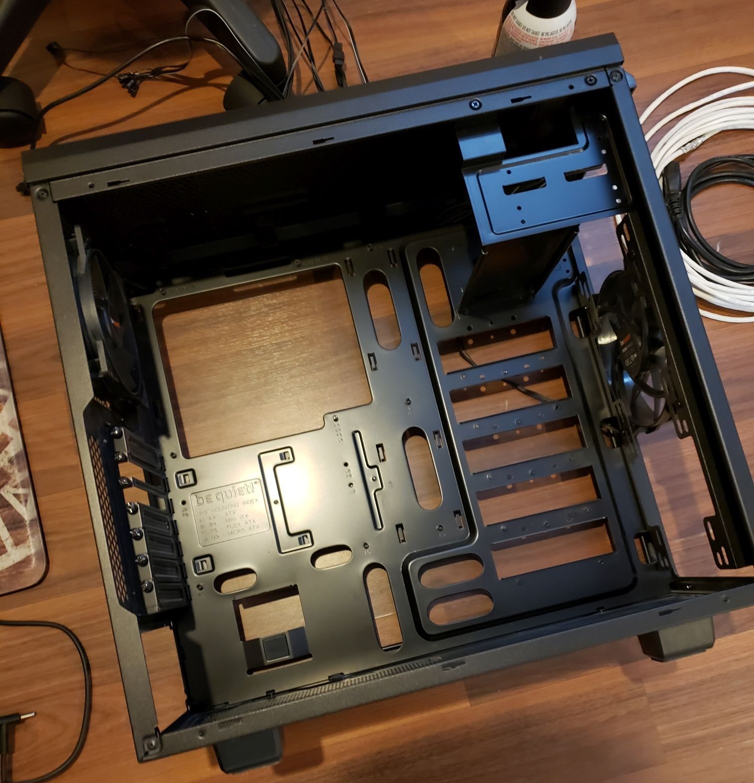 Open computer case laying on it's side