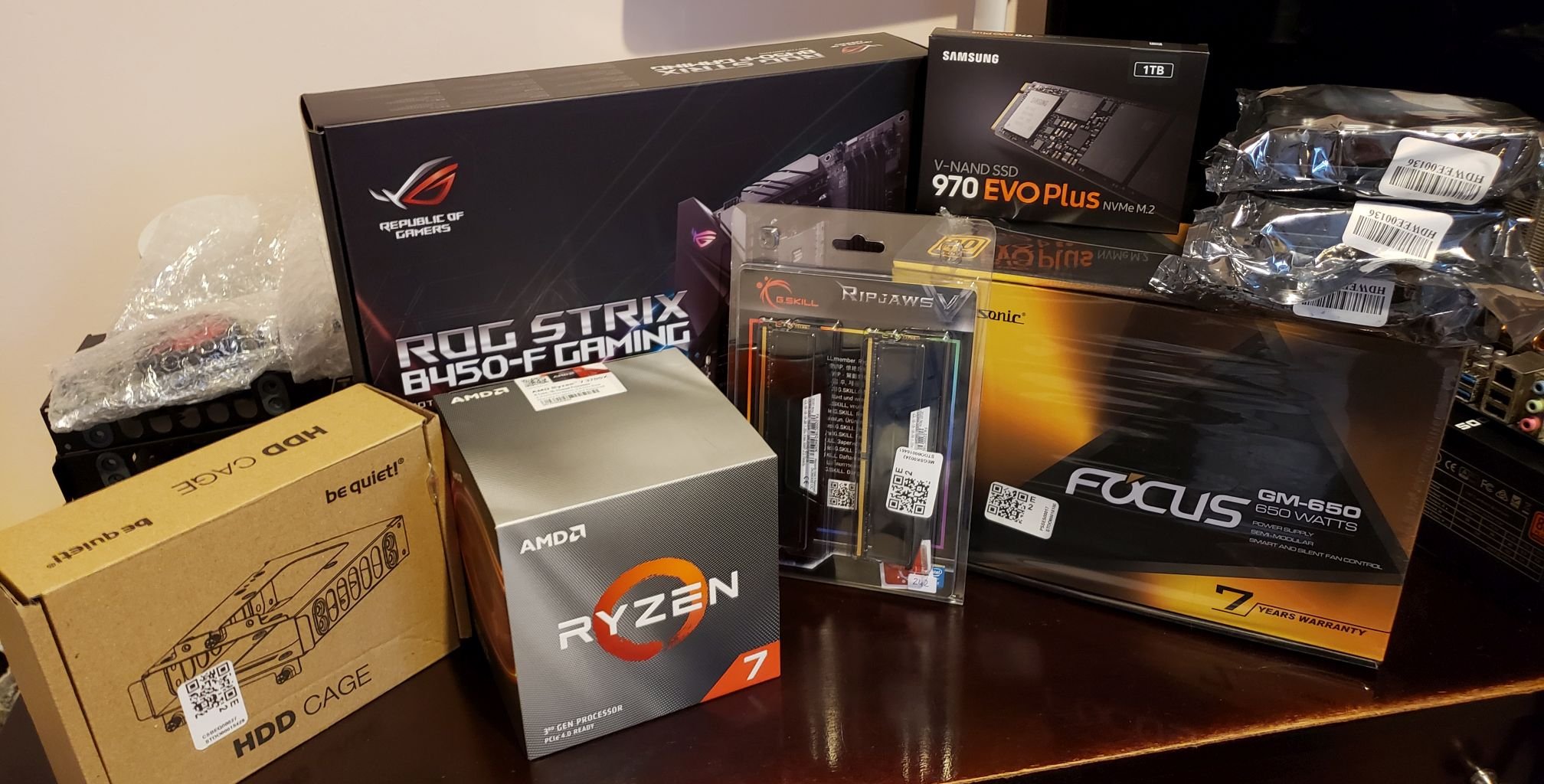 Desktop computer components sitting on a desk