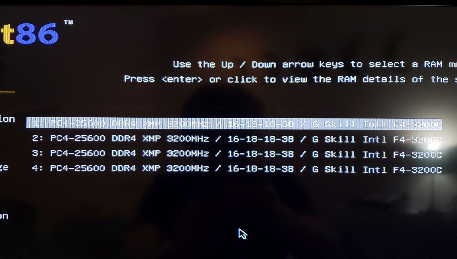 Memtest RAM specs page showing 4 sticks of RAM at 16GB each