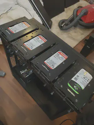 They are beautiful. The Reds are for the media storage and brand new, the green and black is for backups and is being reused from the old server.